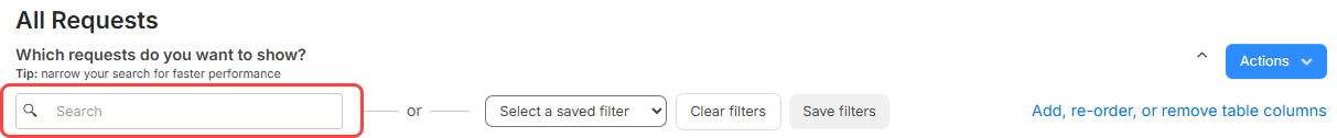 Open Requests page with search bar highlighted